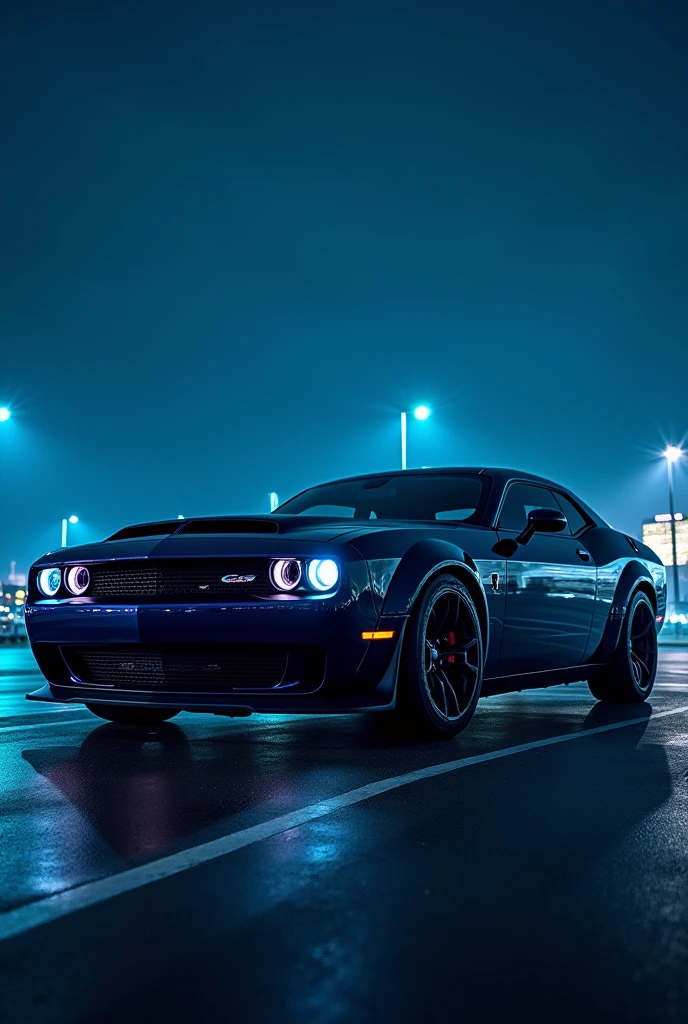 Dodge challenger hellcat redeye mate black at neo blue night right side view of car 