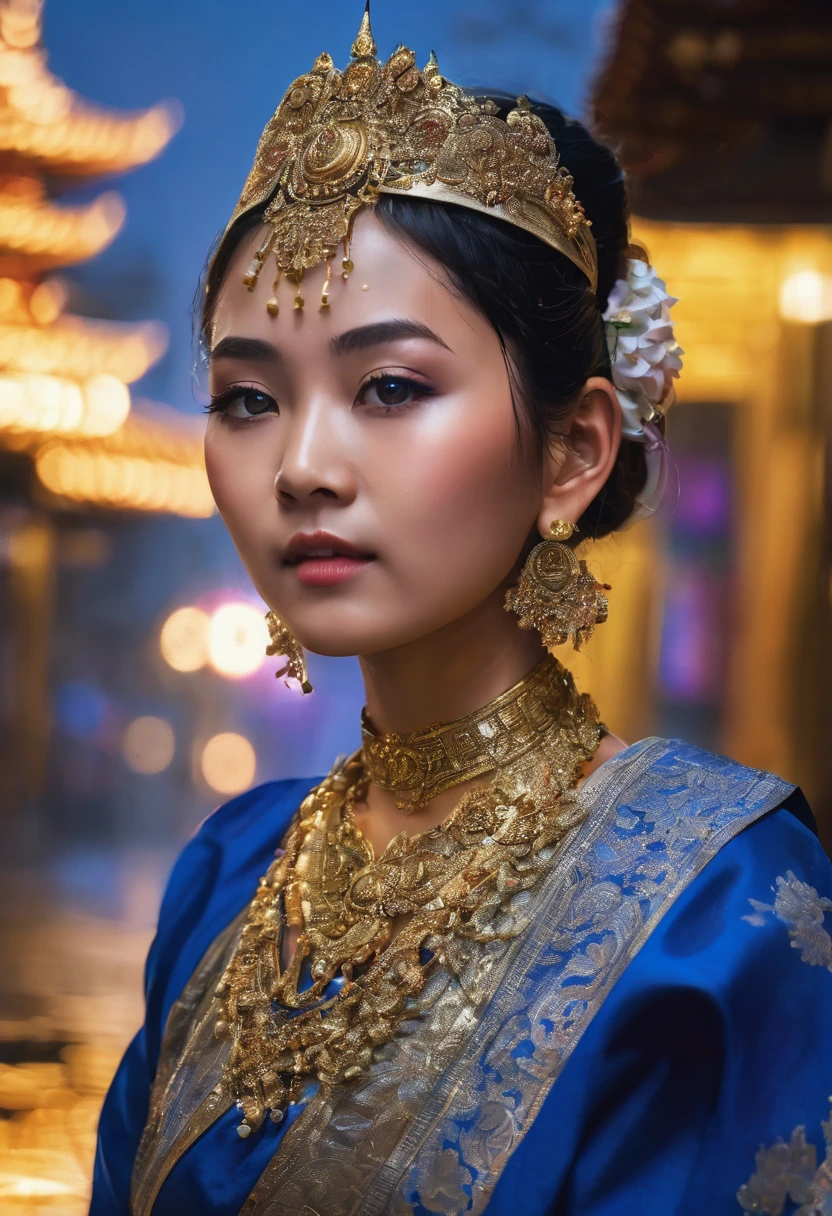 (8 K, RAW photo, beSt. quality, maSt.erpiece:1.2), (realiSt.ic, photo-realiSt.ic:1.37),St.. Louis (Luxury wheels) (Лазурный переStок),1 girl,(Girl from Myanmar), (Egyo Sal:1),hair ornament, portrait, (Traditional clothing of Myanmar:1.1), NECKLACE, blue nails,Cute,cityscape, night, rain, wet, professional lighting, photon mapping, radiation, physically based rendering, Backgrounds Shwedigon Pagoda