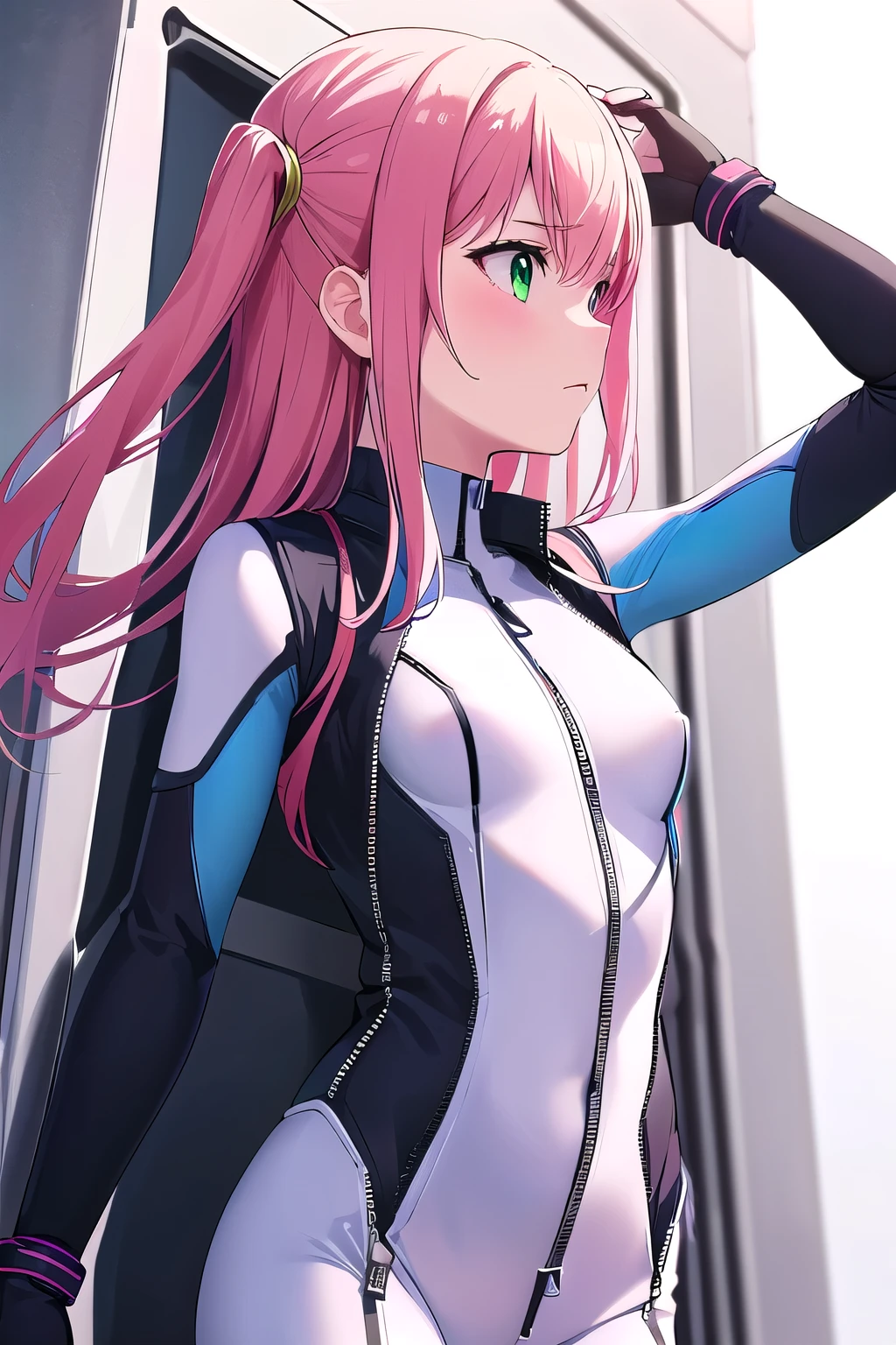 1girl,Samus aran,solo,green eyes, pink hair, forehead hair, white zero suit,white body suit,purple stripes,cowboy shot,blush,,Science fiction,ultra-detailed,sharp focus,aesthetic,(best quality), white background, (unzip and take off bodysuit:1.5) , (open bodysuit:1.2)