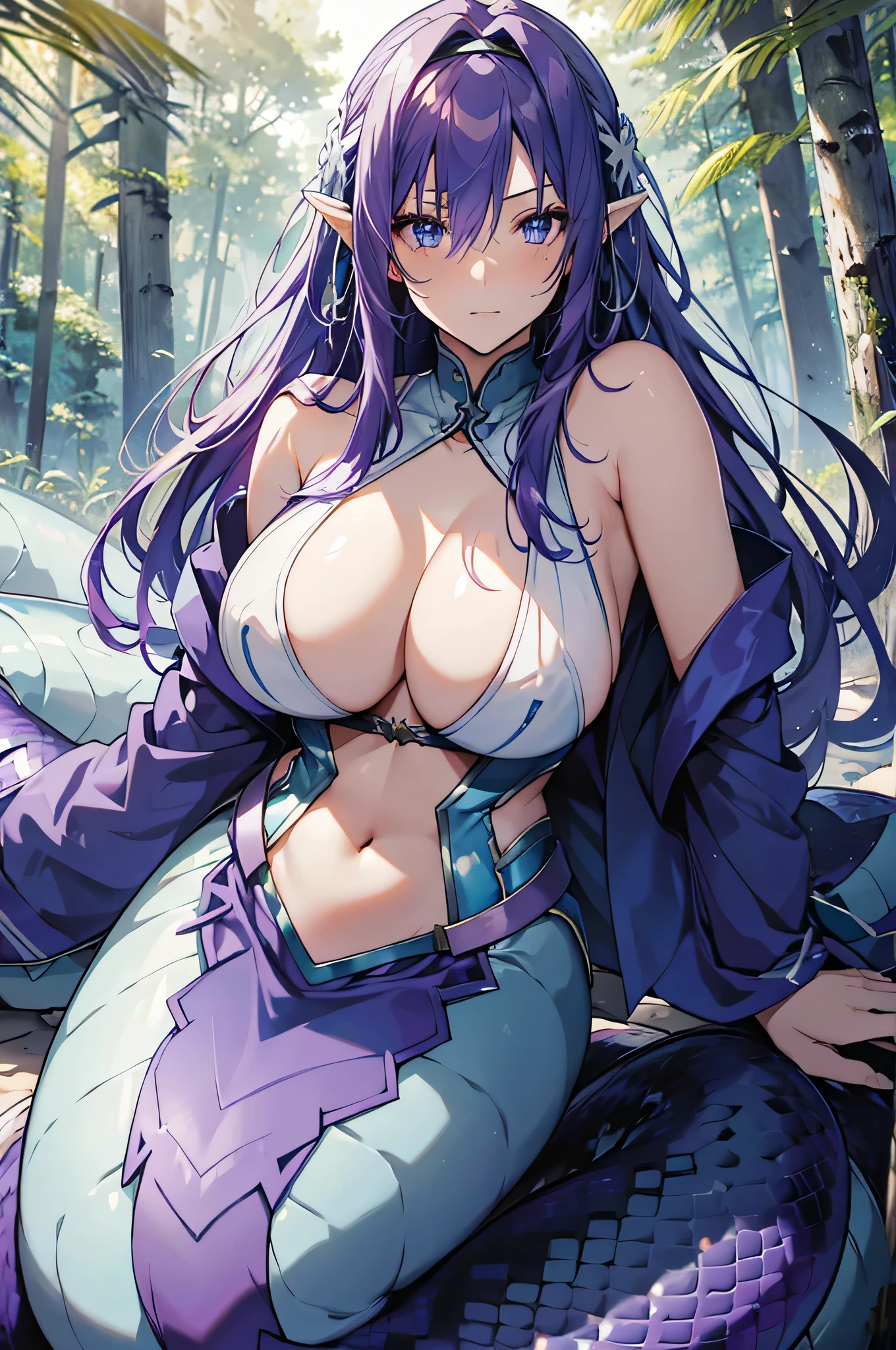 4K,High resolution,One Woman,lamia,Purple Hair,long hair,Blue Eyes,Huge boobs,Swordsman,White Armor,Sleeveless,hair band,Jewelry decoration,Long sword,in the forest