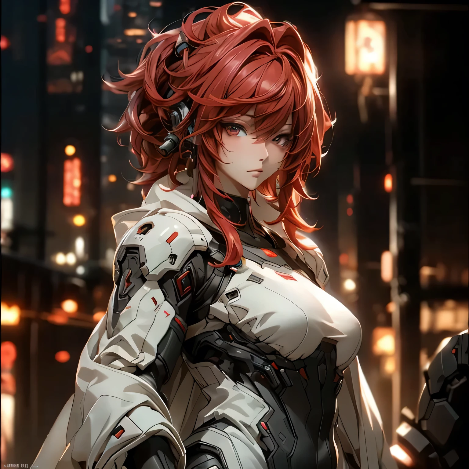 ((best quality)), ((Masterpiece)), (details:1.4), 3d, Image of a beautiful cyberpunk woman., HDR (high dynamic range), mature woman, Hips up, Curtain Bangs, Red hair, white eyes, battle suit, Heavy red armor, PBR surface, After processing, Anisotropic filtration,depth of field, Maximum clarity and clarity, multi-layered surface, perfect proportions, 8K raw files, cyberpunk, at night, ผมหลายชั้น, กระโปรงสั้น, natural lighting, soft lighting, sunlight, หน้าอกใหญ่,