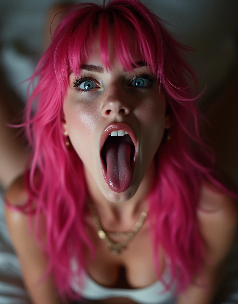 tongue out, bright blue eyes, photo from above, long pink hair, orgasm, open eyes, she is hard moaning
