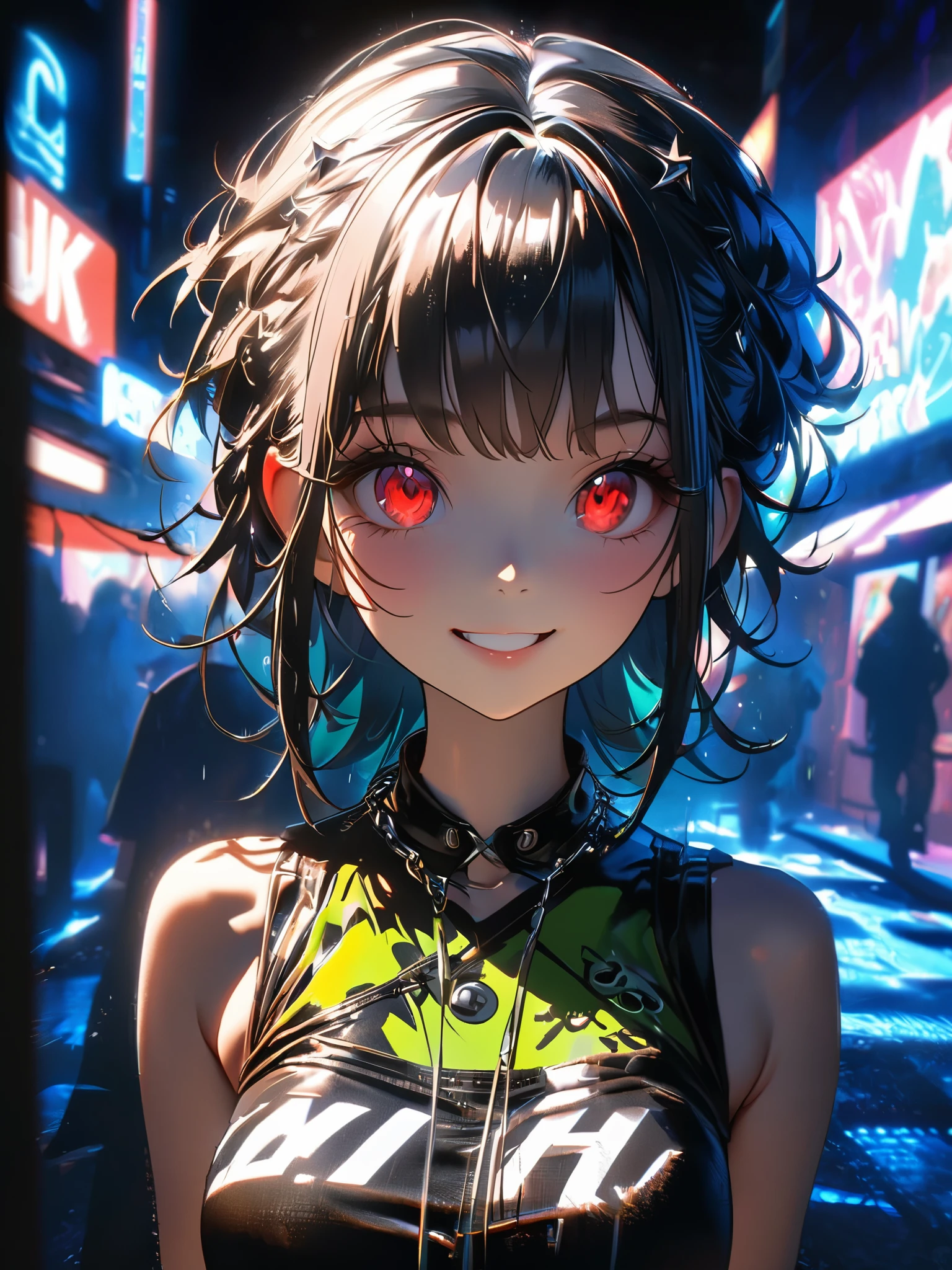 1 person, chromatic aberration, Written boundary depth, Soft Light, masterpiece, Highest quality, complicated, Tone Mapping, A place where fireworks are set off at festivals. Concept Art, Smooth, Clear focus, Dramatic lighting, Very cinematic, super practical painting, アートステーション's trending, 8k, Incredible Shadows, practical, whole body, View, Viewers, Portrait of a Girl 1, standing on street corner, Heavy rain and lightning、Dark Sky, neon and cyber punk background, she is dressed in punk clothing with silver chains and silver spikes, Her hair was dyed a bright black color..........Ominous aura of light, smile, punk, ciber punk, Backlight.Fashionable clothes、Friendly dress code:Stylish green sleeveless denim style.My breasts are a little big.Beautiful red eyes