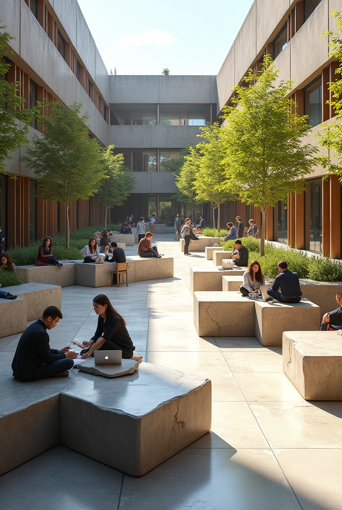 In an area of 500 square meters, create a university patio where daily activities are carried out with concrete furniture, rest furniture and cell phone charger towers, defining the circulation with uneven surfaces using unfolded surfaces and uneven concrete benches.