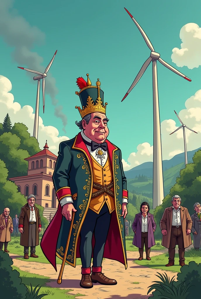 Let's create a cartoon about a historical park in Bulgaria, where the boss has an obsession with grandeur and his subordinates are ready to die for him, regardless of the fact that he manipulates them financially by taking their money, lying to them about how wind turbines will kill the population and nature