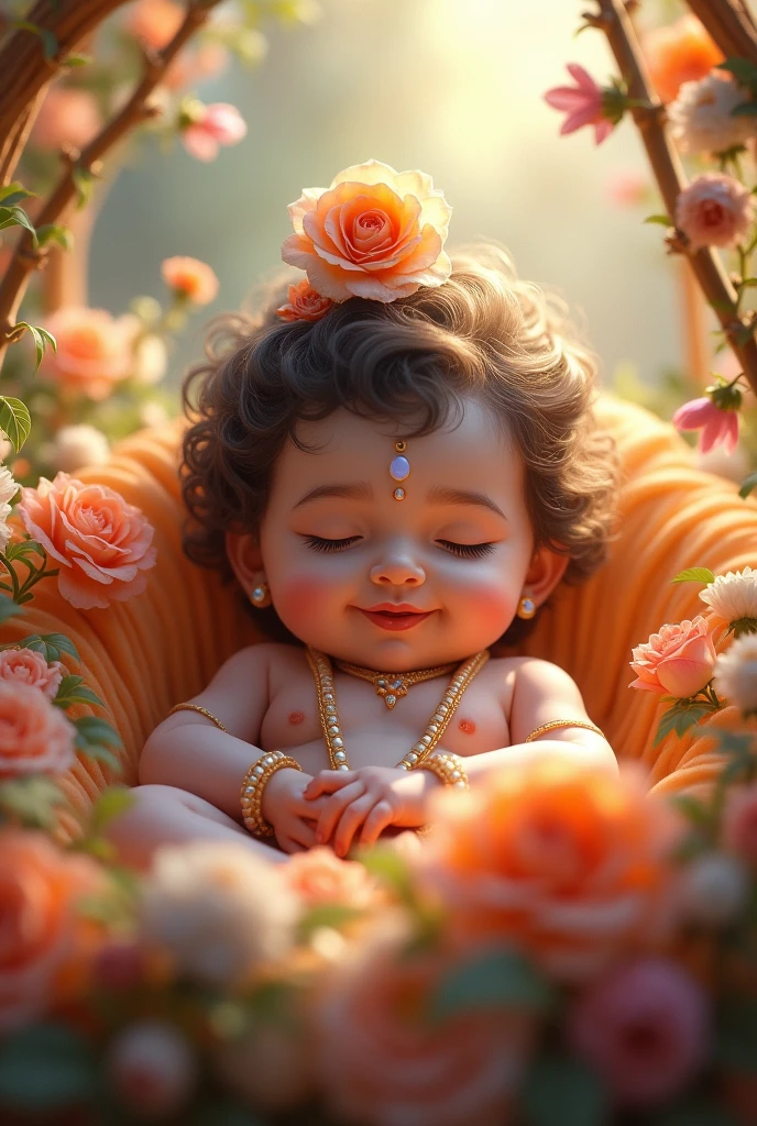 In the gentle glow of a soft light, a  Lord Krishna sits serenely in a cradle adorned with delicate, colorful flowers. His enchanting eyes are wide open, sparkling with a divine mischief and wisdom beyond his years. A serene smile graces his cherubic face, reflecting pure joy and an otherworldly charm. The flowers around him add a touch of natural beauty, complementing the celestial presence of this divine .