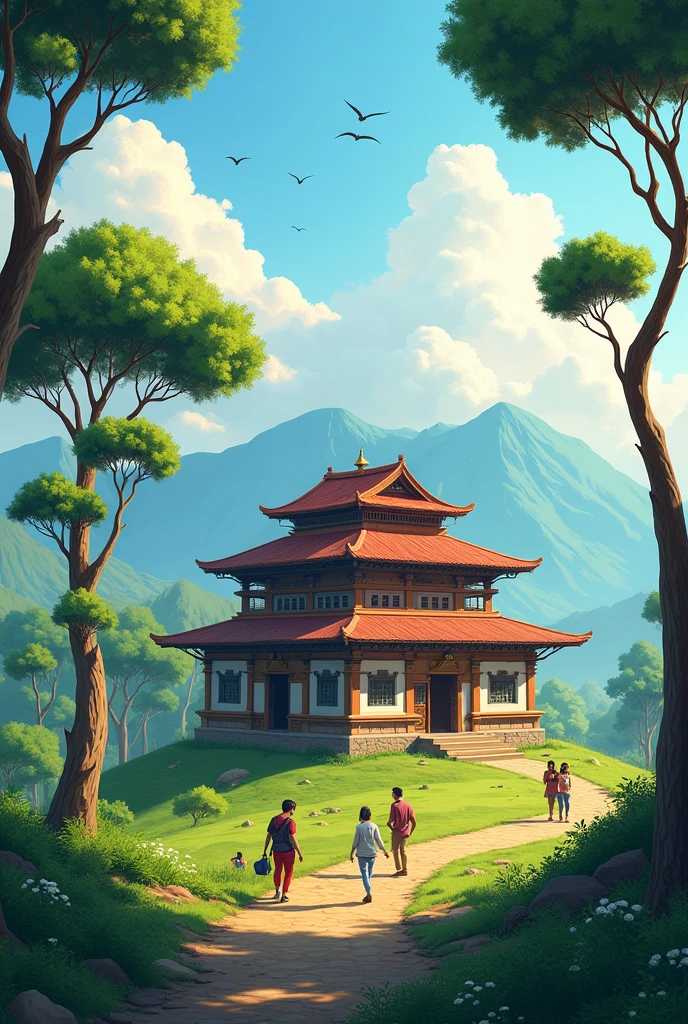 Image concentrated to single house which has a green background with two three trees and people moving and blue sky with birds and sun little glimpse and that single house must be of old Nepalese house design