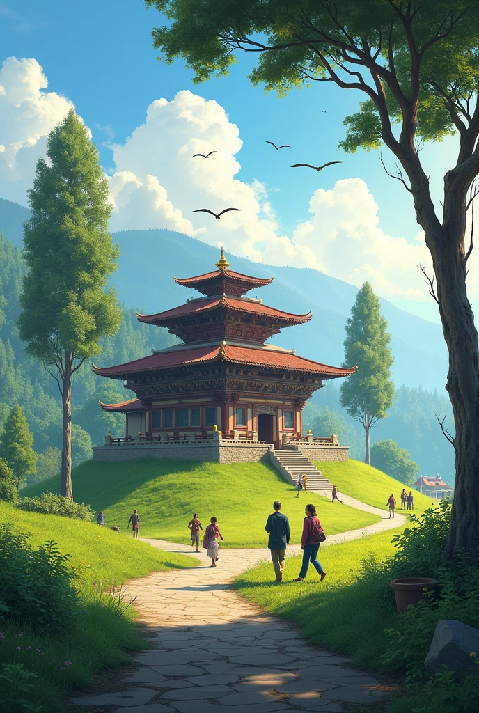 Image concentrated to single house which has a green background with two three trees and people moving and blue sky with birds and sun little glimpse and that single house must be of old Nepalese house design