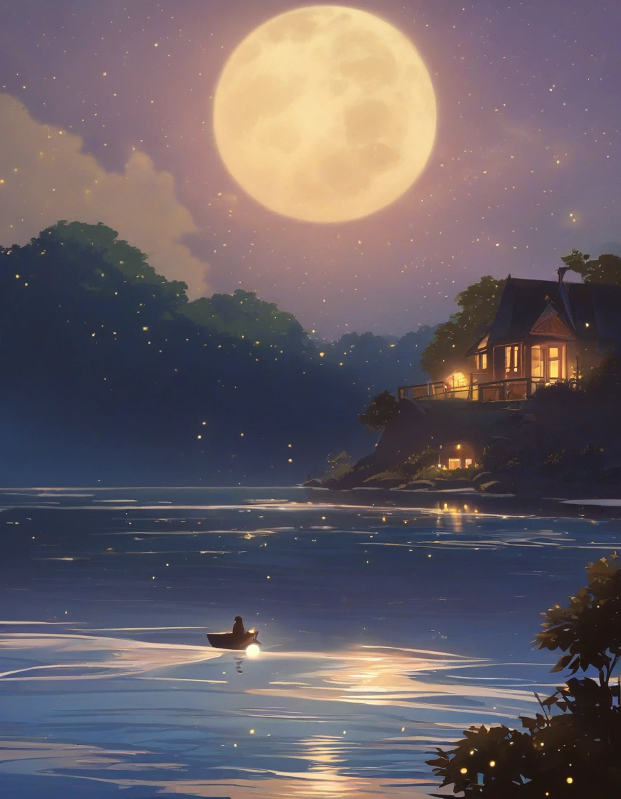 tranquil, moonlit sea with gentle, sparkling waves. The night sky is filled with twinkling stars and a large, radiant full moon casting a soft glow over the water. In the distance, silhouette a distant, lush island with lush trees and a small, cozy cottage with warm light spilling from its windows. Add delicate, glowing fireflies and subtle wisps of mist rising from the water. The overall mood should be calm, magical, and enchanting, evoking a sense of peaceful nighttime beauty.”