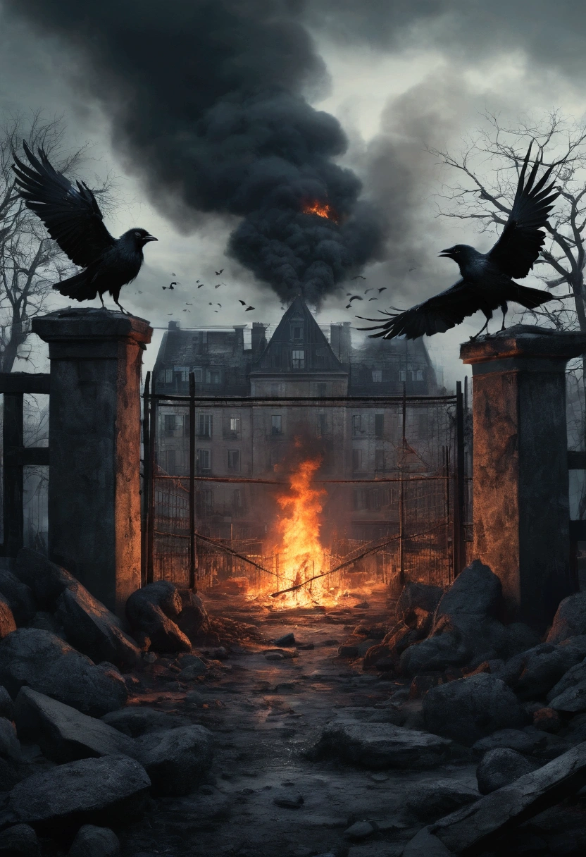 A city with ruined buildings, buildings on fire, smoke, crows flying in distance, symmetrical, fences and boulders on both sides symmetrical. Dark, gloomy environment. Horror aesthetics.