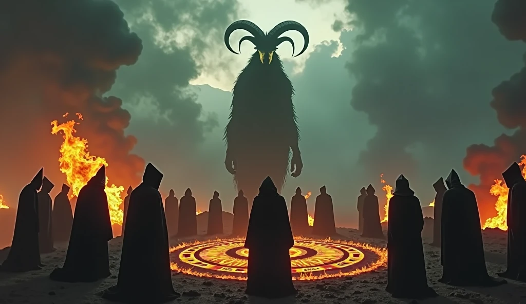 An apocalyptic scenario, satanic ritual around a magic circle, witches burning in the background and some wizards around the circle, full hd, 16:9, place the silhouette of a monstrous and giant goat in the background of the image behind the wizards