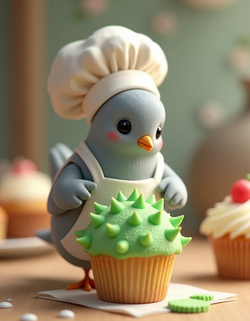(Green hairless puffer fish cupcake), Cute miniature「Gray color」A little dove is dressed as a chef and baking a green puffer fish cake in the oven.. biscuit, Cupcakes in the background.