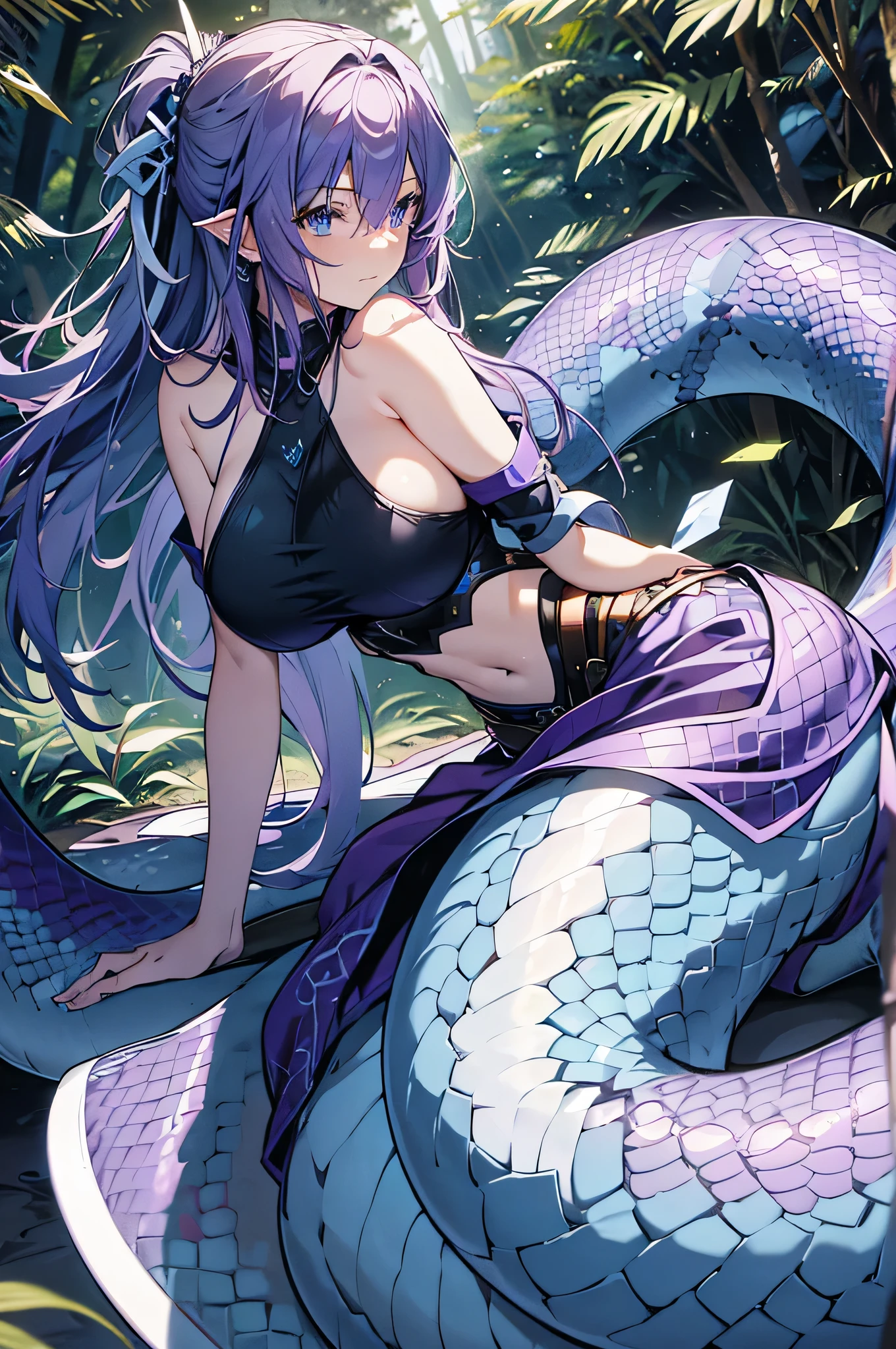 (best quality,4k,8k,highres,masterpiece:1.2), ultra-detailed, realistic, naked sexy dragon woman with violet glittering scales, skin is glittering amethyst purple scales, medium length black hair with white highlights, very playful but mischievous smile, huge tits, gigantic breasts, naked, nude, detailed crotch, detailed vulva, detailed pussy, sexy pose, spread legs, spread pussy lips, playful, bi-coloured eyes, heterochromia, lustful