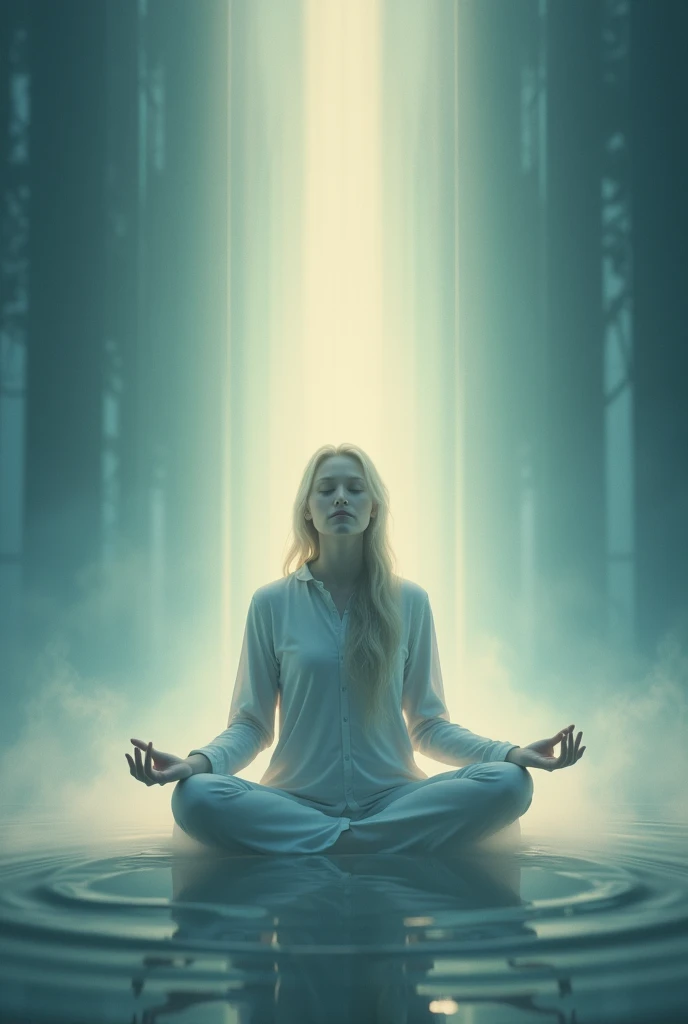 a person sitting in a meditation position, surrounded by a soft light, transmitindo calma e serenidade.