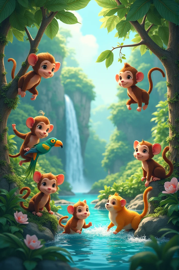 Create a image of animals live in jungle happily in animates form