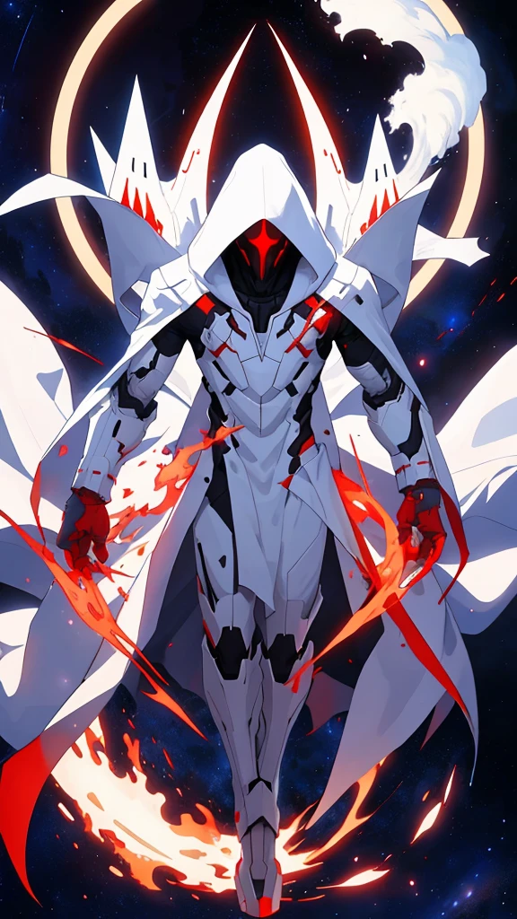 1 person、Wearing a white robe、Sci-fi style costumes、White hood、White Mask、Red light、Red triangle effect、Floating in the air、White giant disc background、Full body illustration、A distant view、Triangular units floating around