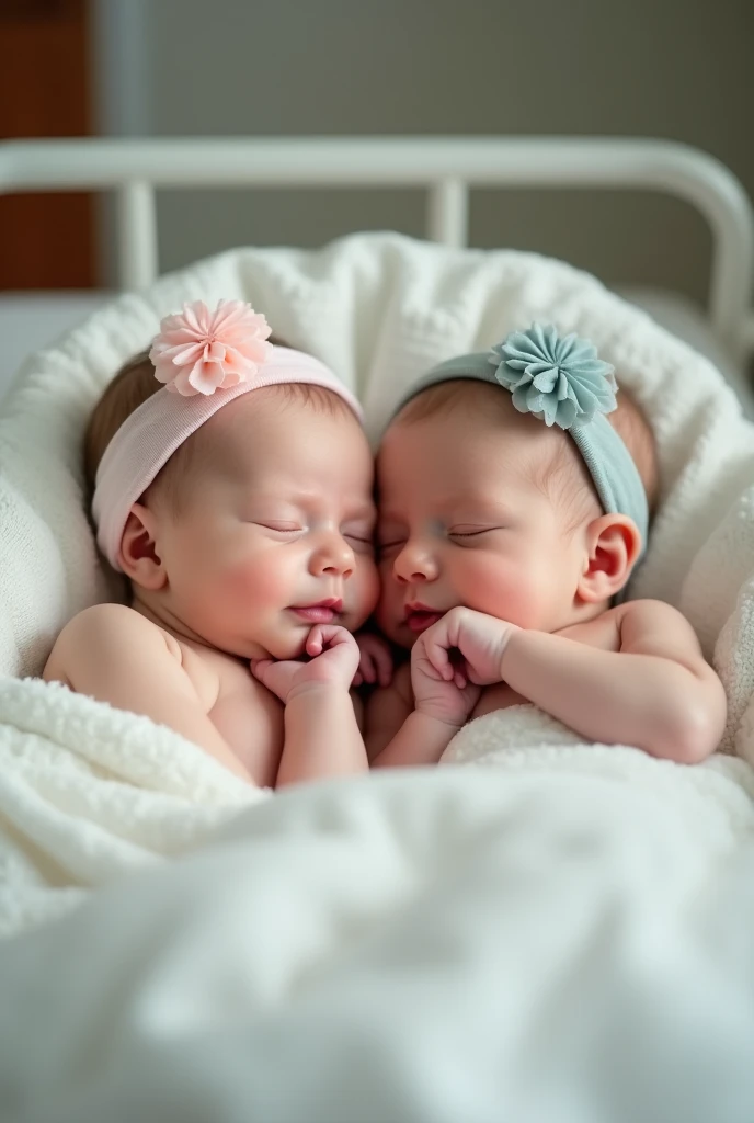 New girls with cute headbands in the hospital inside the baby bassinet