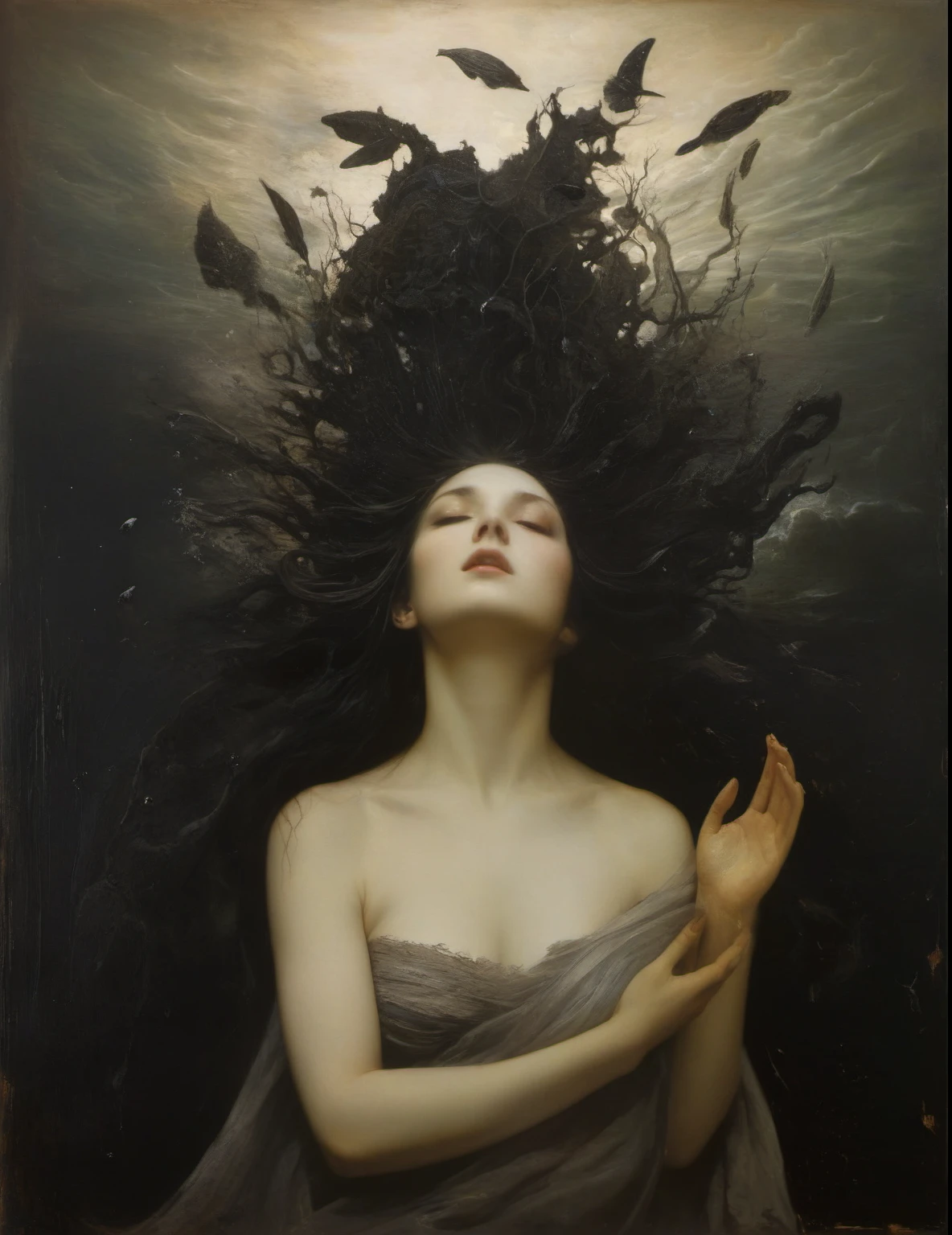 James Gurney, Surrealist art , dream-like, mysterious, Provocative, symbolic, Complex, detailed,, (Gothic but very beautiful:1.4), (masterpiece, Highest quality:1.4) , Nicola Samori Style, Beautiful mermaid from the underworld
