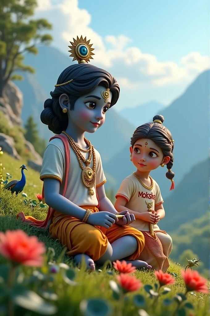 create a 3D realistic illustration of a teenage girl with lord shri krishna and krishna is holding a flute, they are sitting on a mountain with full greenery background and peacock is also there. the girl
is wearing an casual outfit where “moksha is written on his t shirt with bold letters.
