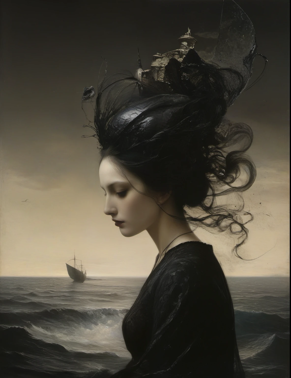 James Gurney, Surrealist art , dream-like, mysterious, Provocative, symbolic, Complex, detailed,, (Gothic but very beautiful:1.4), (masterpiece, Highest quality:1.4) , Nicola Samori Style, Siren of the Sea
