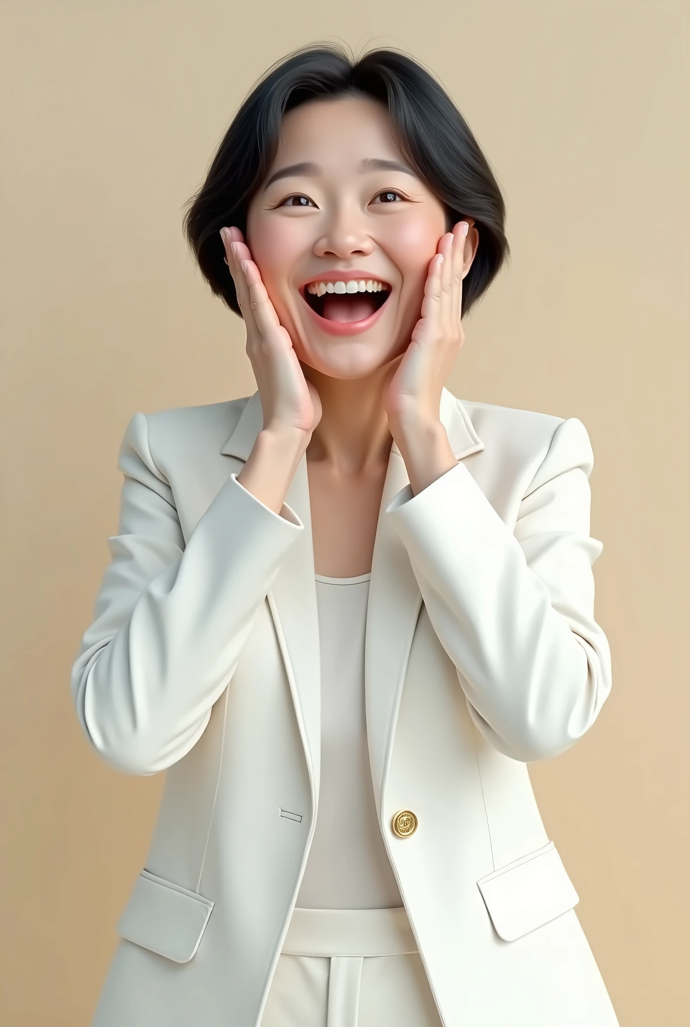 A middle-aged Korean woman in a white suit cheering happily with both hands over her mouth, 2.5D
