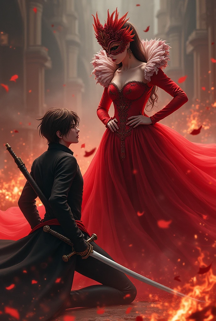 The red and extremely beautiful princess and the very, very handsome anime-like brunette prince kneel before the red princess, And the red prince will have a sharp sword in his hand and a beautiful red frilled mask on his face., Look at the prince with angry eyes, fire around, Let the princess be red, Wear a mask on your face, and hide a sword behind him, The prince also kneels before him 