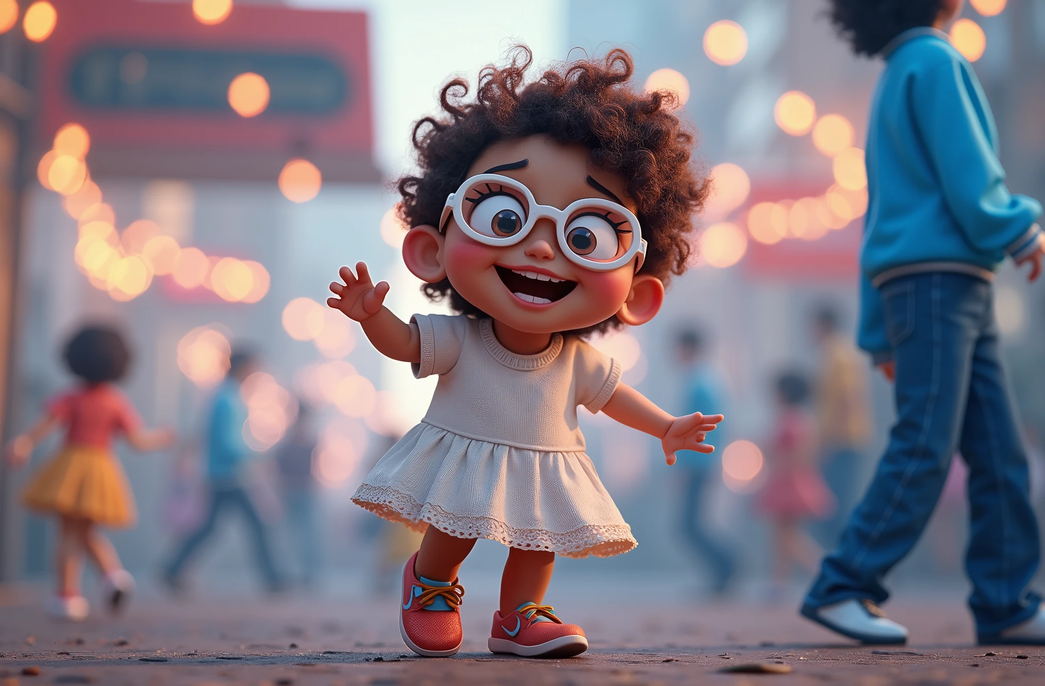 Imagem estilo pixar com personagem 3D óculos brancos morena mulher cabelo curto cacheado dançando, Disney makeup,fluffly, adorable, smiling ,close up, pixar, Disney, Cinema lighting,