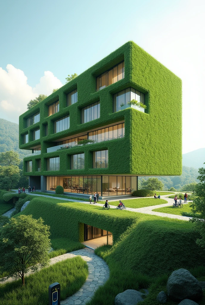 an exterior design of a green building for healthcare, and solar panels for energy efficiency, clerestory windows, green roofs, resilient in landslides, rainwater harvesting, electric vehicle charging stations, LED lightings, and zoomed in to showcase the details of the sustainable building for a healthcare. add grasscrete