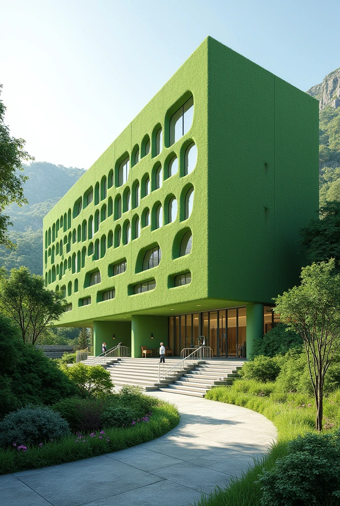 an exterior design of a green building for healthcare, and solar panels for energy efficiency, clerestory windows, green roofs, resilient in landslides, rainwater harvesting, electric vehicle charging stations, LED lightings, and zoomed in to showcase the details of the sustainable building for a healthcare. add grasscrete