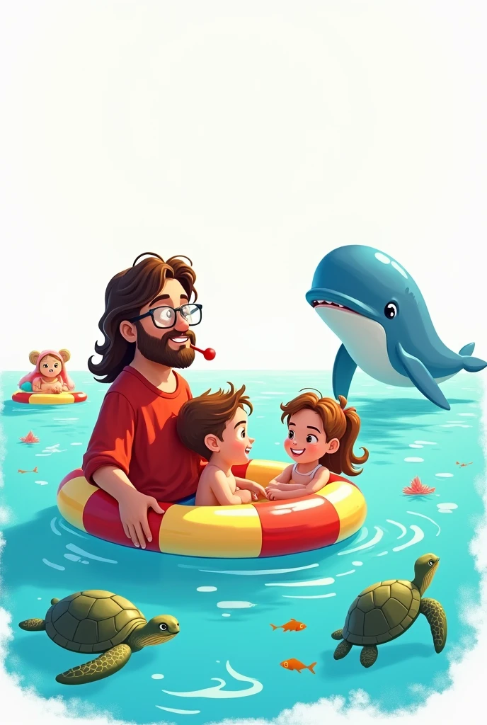 Make a cartoon art I want Jesus dressed as a lifeguard but without glasses in the sea, with 2 cute kids on the float.
Place turtles, fish and whale I want a white background I don&#39;t want a square image