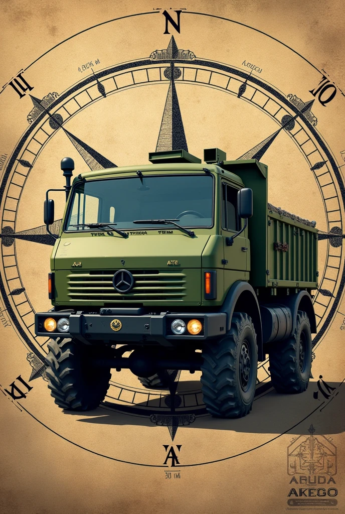 Create a drawing of a green Atego type truck with a military background of this image being a compass or a.mappa