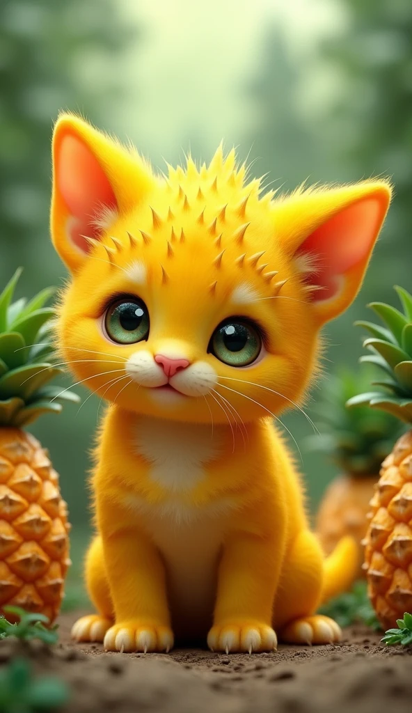 Create an image of a cat that resembles a small kitten with the texture and color of a ripe pineapple. The creature's body and face are covered in pineapple yellow, with characteristic seed-dotted skin. Small pineapple forest in tbe background.