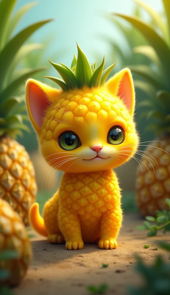 Create an image of a cat that resembles a small kitten with the texture and color of a ripe pineapple. The creature's body and face are covered in pineapple yellow, with characteristic seed-dotted skin. Small pineapple forest in tbe background.