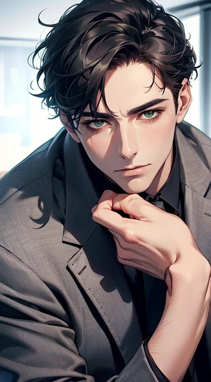 (Highest quality,4K,8K,High resolution,masterpiece:1.2),Super detailed,(Realistic,photoRealistic,photo-Realistic:1.37),1 personld,Mature Men,Beautiful skin、very handsome,Expressionless,Short gray Black hair,green eyes,Sharp Eyes,A perfect face without a doubt,Businessman, CEO, Office Background,Cinema Lighting,HDR image,tie、