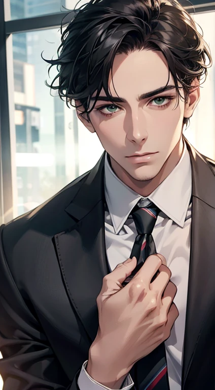 (Highest quality,4K,8K,High resolution,masterpiece:1.2),Super detailed,(Realistic,photoRealistic,photo-Realistic:1.37),1 personld,Mature Men,Beautiful skin、very handsome,Expressionless,Short gray Black hair,green eyes,Sharp Eyes,A perfect face without a doubt,Businessman, CEO, Office Background,Cinema Lighting,HDR image,tie、
