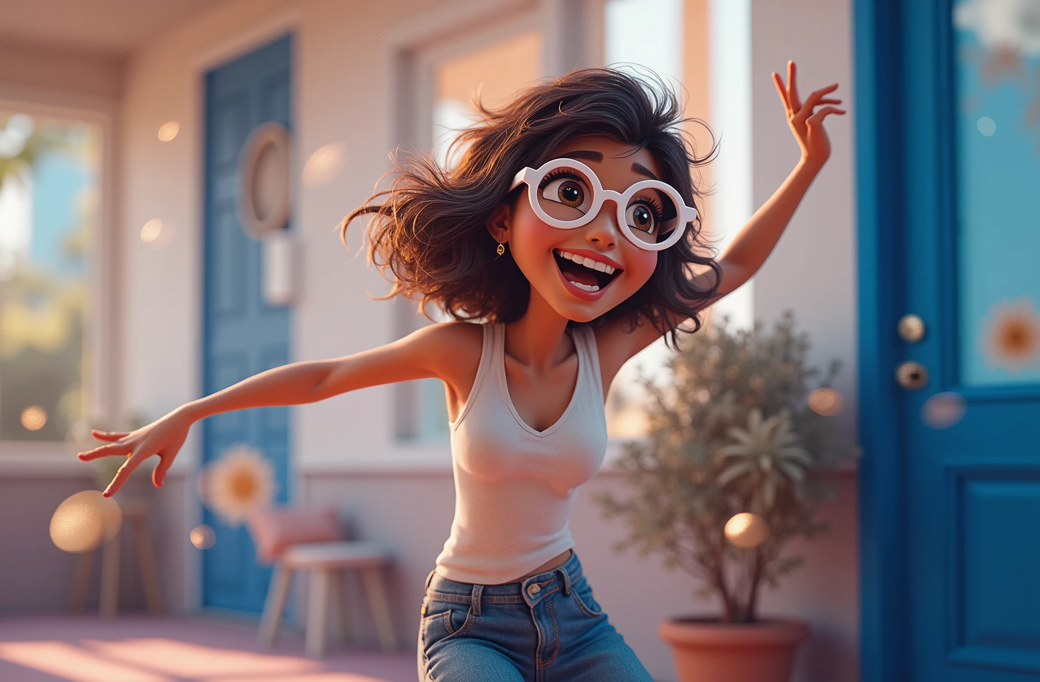 Imagem estilo pixar com personagem 3D óculos brancos morena mulher cabelo curto cacheado dançando, Disney makeup,fluffly, adorable, smiling ,close up, pixar, Disney, Cinema lighting,