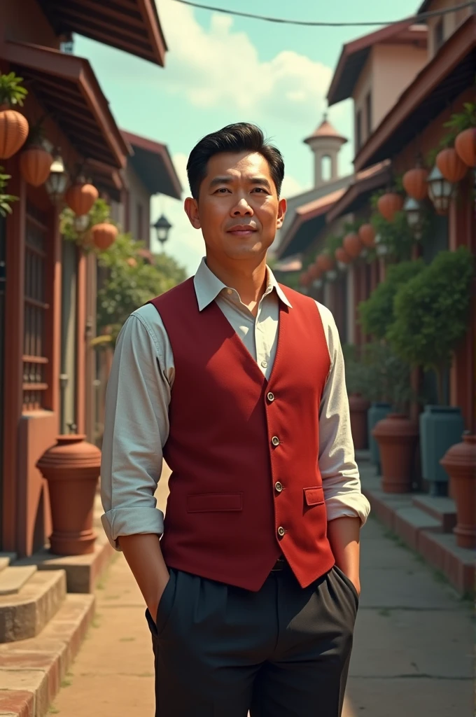 40 year old man with slanted eyes, thesis morena clara, lawyer with red vest