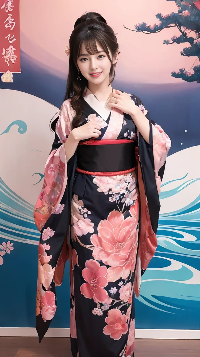 (SeaArt creates stunning illustrations of beautiful women in kimono)、Vividly colored Japanese Ukiyo-e style illustrations、A beautiful woman smiles and shows her upper white teeth、Brown-black long hair、Beautiful full body style、If you want to dance, let's dance, Tokyo Ondo, Yoi Yoi、Beautiful new digital paintings,、Bright vibrant digital anime art、 Beautiful anime portraits、background,Torii gate front of Japanese shrine、 Detailed digital anime art、