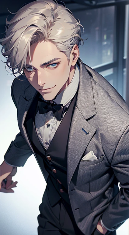 a mature man, very handsome, short grey golden hair, blue eyes, perfect detailed facial features, buttoning his jacket, CEO, smile in love, (best quality, masterpiece, 8K, photorealistic, cinematic lighting, 1:4 hdr image, top view, ultra detailed, beautiful image)