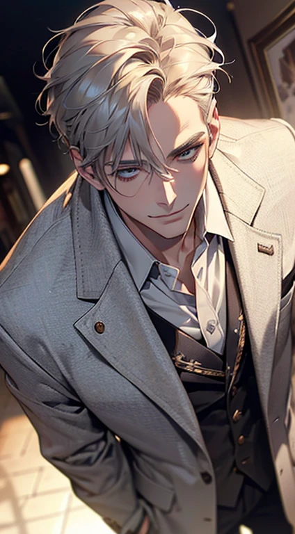 a mature man, very handsome, short grey golden hair, blue eyes, perfect detailed facial features, buttoning his jacket, CEO, smile in love, (best quality, masterpiece, 8K, photorealistic, cinematic lighting, 1:4 hdr image, top view, ultra detailed, beautiful image)