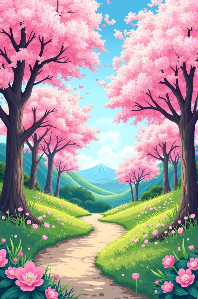 Create a coloring page of a cherry blossom garden
