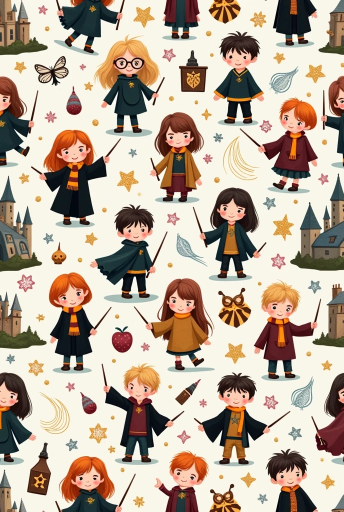 seamlesses design, harry potter ,childlike, adorable, magical, hand draw, 300 dpi , 12x12cm, Magic wand, Magik , seamless, pattern design , magic , cute , glitter , hogwarts , slytherin , huffelpuff , ravenclaw , gryffindor, characters, hand drawn , for children 