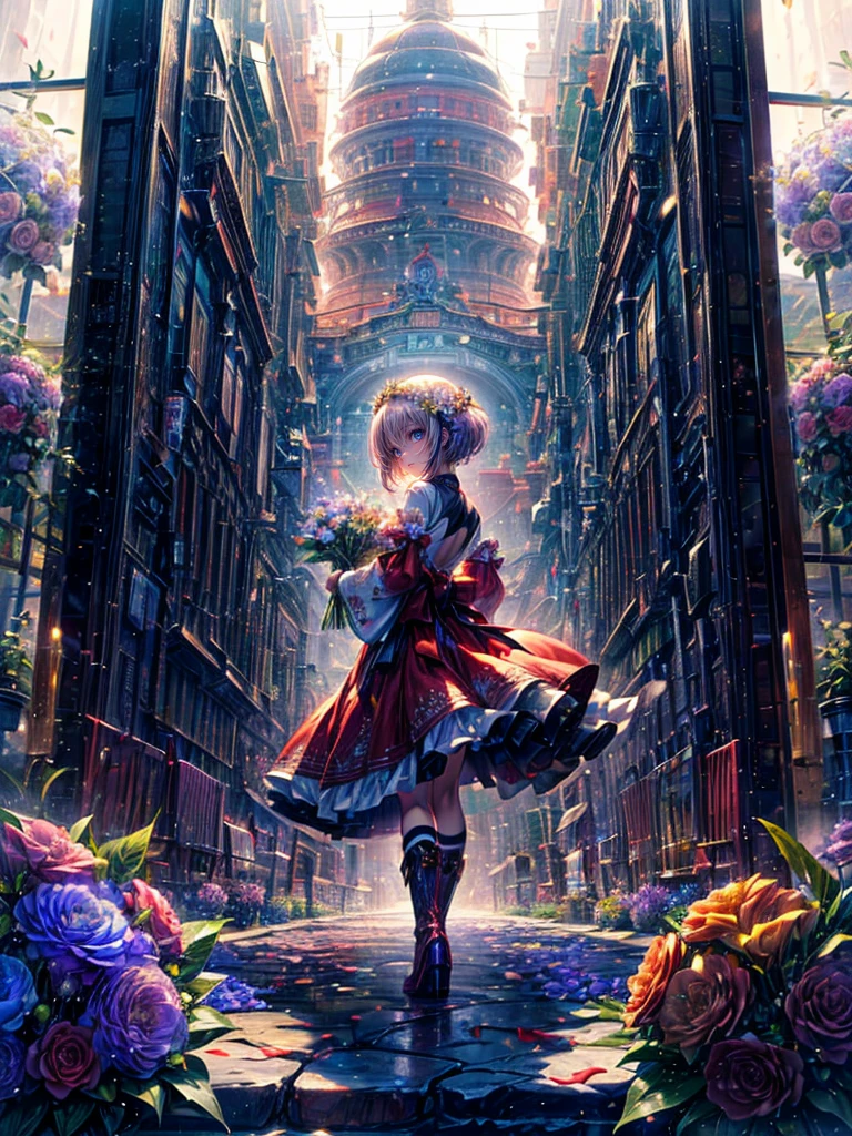 High resolution, Winner of numerous awards, Ultra high definition, Textured skin, retina, 
masterpiece,(bestquality),highlydetailed,ultra-detailed,1girl, （A composition where a girl:1.4）（A crimson red dress blended with mechanical parts:1.2）White boots(Modern landscape:1.2,natural lighting:1.5,confidentexpression),(Modern Japanese building rooftops)(panorama:1.2),smile,angle、chrome,raw（A beautiful girl with pink hair in a short cut:）(Hands and feet are mechanical parts.2)(祝福の花束💐を渡す、Give it to me as a gift:1.5)(high detailed flower bouquetを手に持つ💐:1.6)(Booster unit and wing parts on the back)(Facing forward:1.8)