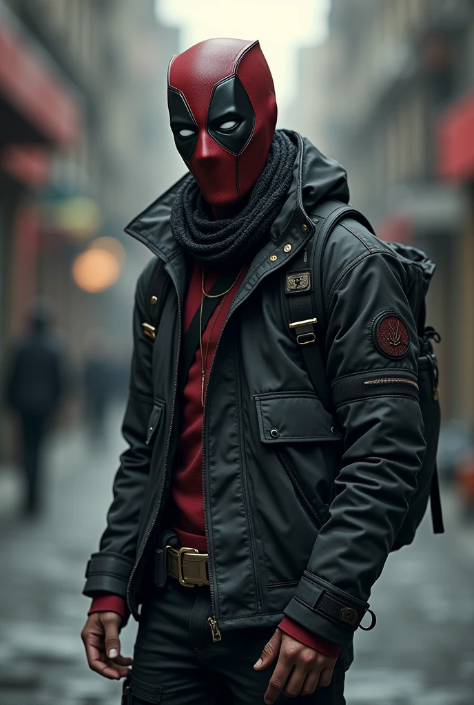 A guy who wears a cool and stylish mask all over his face、Wearing a cloth mask、Feeling like Deadpool
