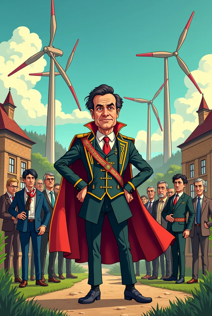 Let's create a cartoon about a historical park in Bulgaria, where the boss has an obsession with grandeur and his subordinates are ready to die for him, regardless of the fact that he manipulates them financially by taking their money, lying to them about how wind turbines will kill the population and nature