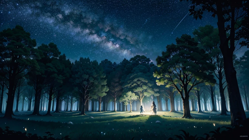 Moonlit Angelic Forest, A mystical forest on the outskirts of the angelic city, bathed in the light of a full moon. The trees are tall and ancient, with silver leaves that shimmer in the moonlight. A soft mist floats above the ground, and delicate, glowing flowers bloom in the shadows. Angels with translucent wings fly among the trees, their silhouettes barely visible against the starry night sky, Dynamic pose, Strong contrast, Good depth of field, 8K wallpaper, Masterpiece, Aesthetic illustration in realistic style, best quality, natural light, high res, highly detailed, All the colors and materials in this work are very harmoniously combined, bioluminescent flora