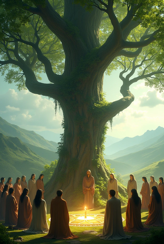 A group of humans worshiping a sacred tree in the fictional land