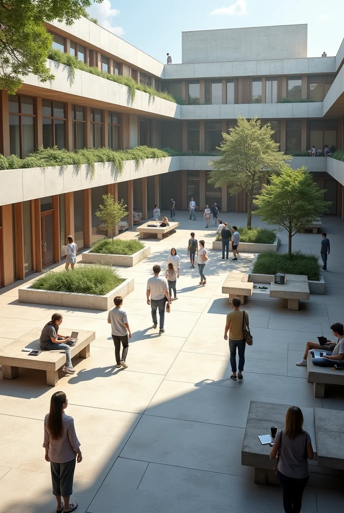 In an area of 500 square meters, a university courtyard is created where daily activities are carried out using the changes in level as a study area, concrete furniture, rest furniture and cell phone charger towers defining the circulation with unevenness using unfolded surfaces and unevenness and concrete benches.