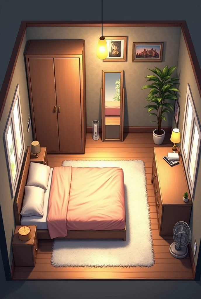 a 2x3 bedroom floor plan with the following specifications; - [ ] wardrobe/dresser- Essential for storing clothes and keeping the room organized.
- [ ] Wallpaper - Defines the style and aesthetics of the room, creating a visual base.
- [ ] Shaggy rug- Adds comfort and warmth to the environment.
- [ ] LED- Additional lighting that can create a pleasant and functional atmosphere.
- [ ] Decorations - Elements that personalize the space and reflect the resident&#39;s personality.
- [ ] bedding (bedsheets, blankets, duvet)
- [ ]  Table lamp - [ ] Mirror - Full length or wall mounted - [ ] Shelf - [ ] Dressing table - Useful for getting ready and storing everyday items, as cosmetics.
- [ ] Fan- Important to keep the environment airy and comfortable, especially in hot climates.

