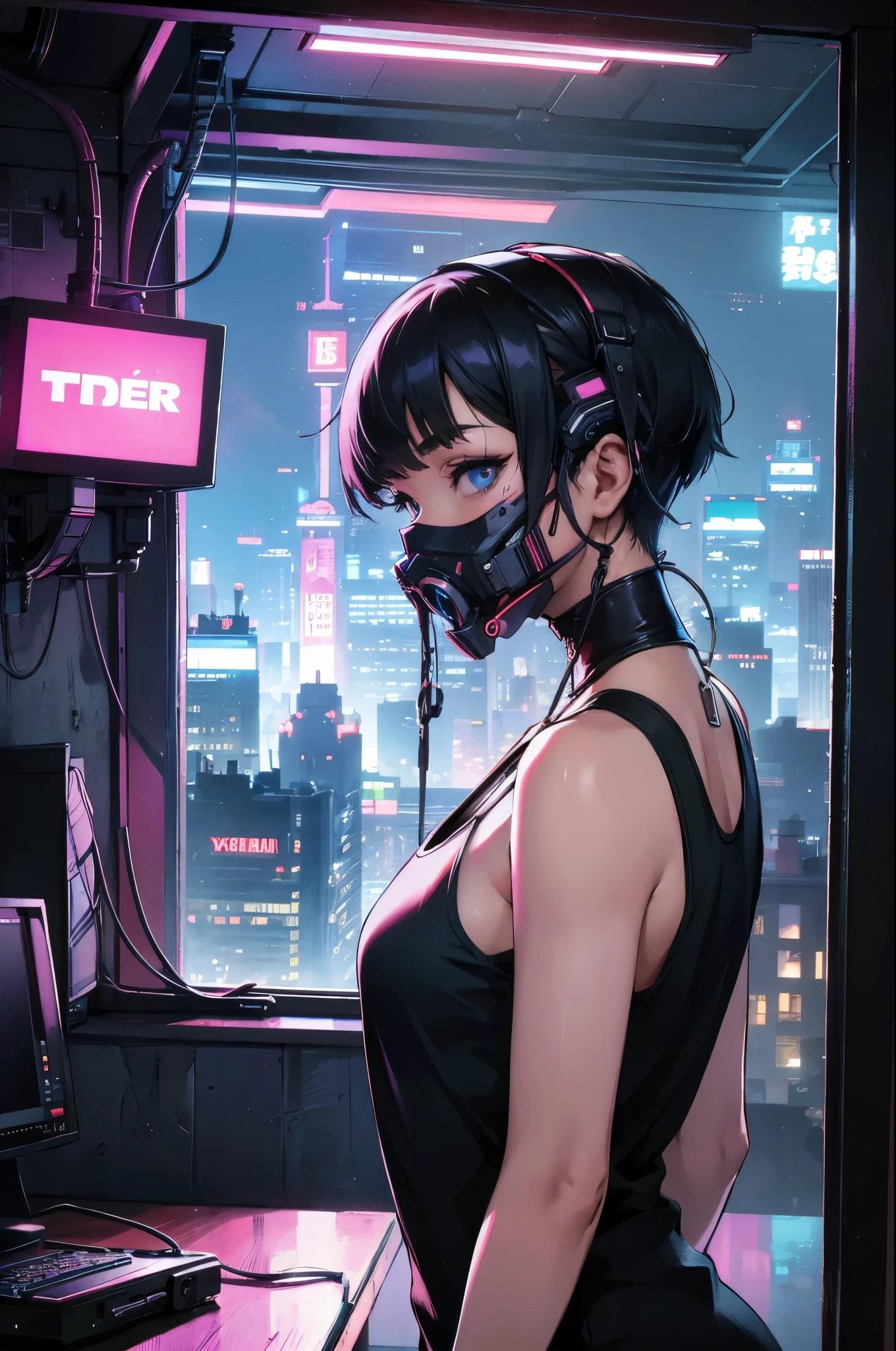 One person, alone, mask, Landscape,View your viewers,Looking out the window,cyber punkシティの夜,Relax in a modest bed,Edge of the screen,Short Hair,, whole body, Black Hair, mouth mask, Holding, blue eyes, Tank top, A large room for a single person with a large window on the front wall, , Halftone, cable,Neon Light,(cyber punk:1.2),